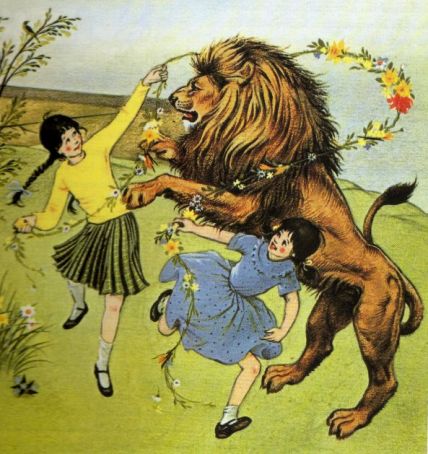 Aslan, Susan and Lucy, illustration by Pauline Baynes